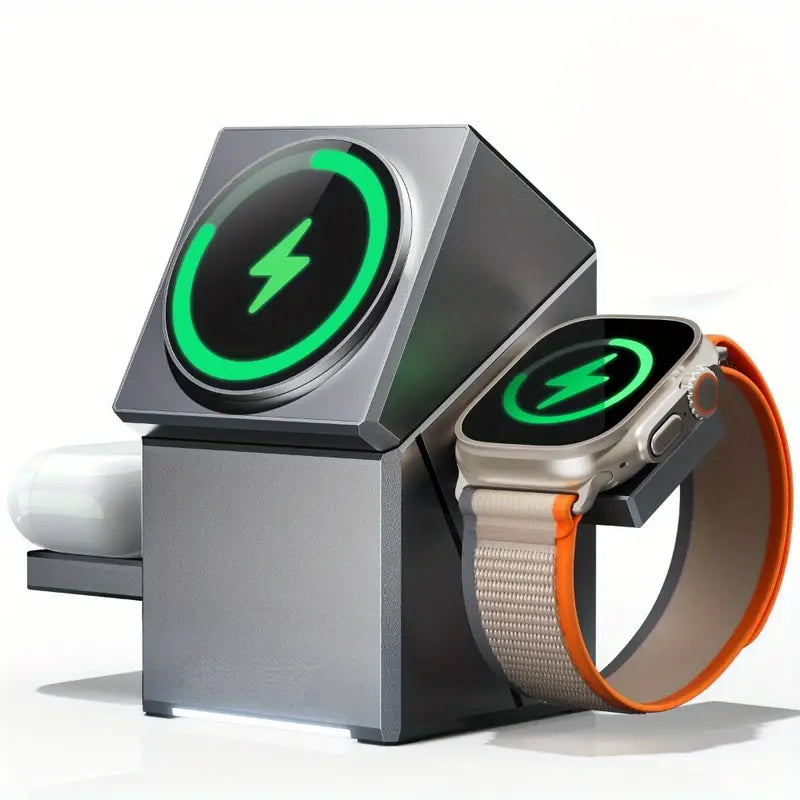 3 in 1 Charging Station Compatible with Magsafe, Qi2 15W Fast Wireless Charger, Auto-Rotating Charger Stand for iPhone 16/15/14/13/12 Series, AirPods, Apple Watch