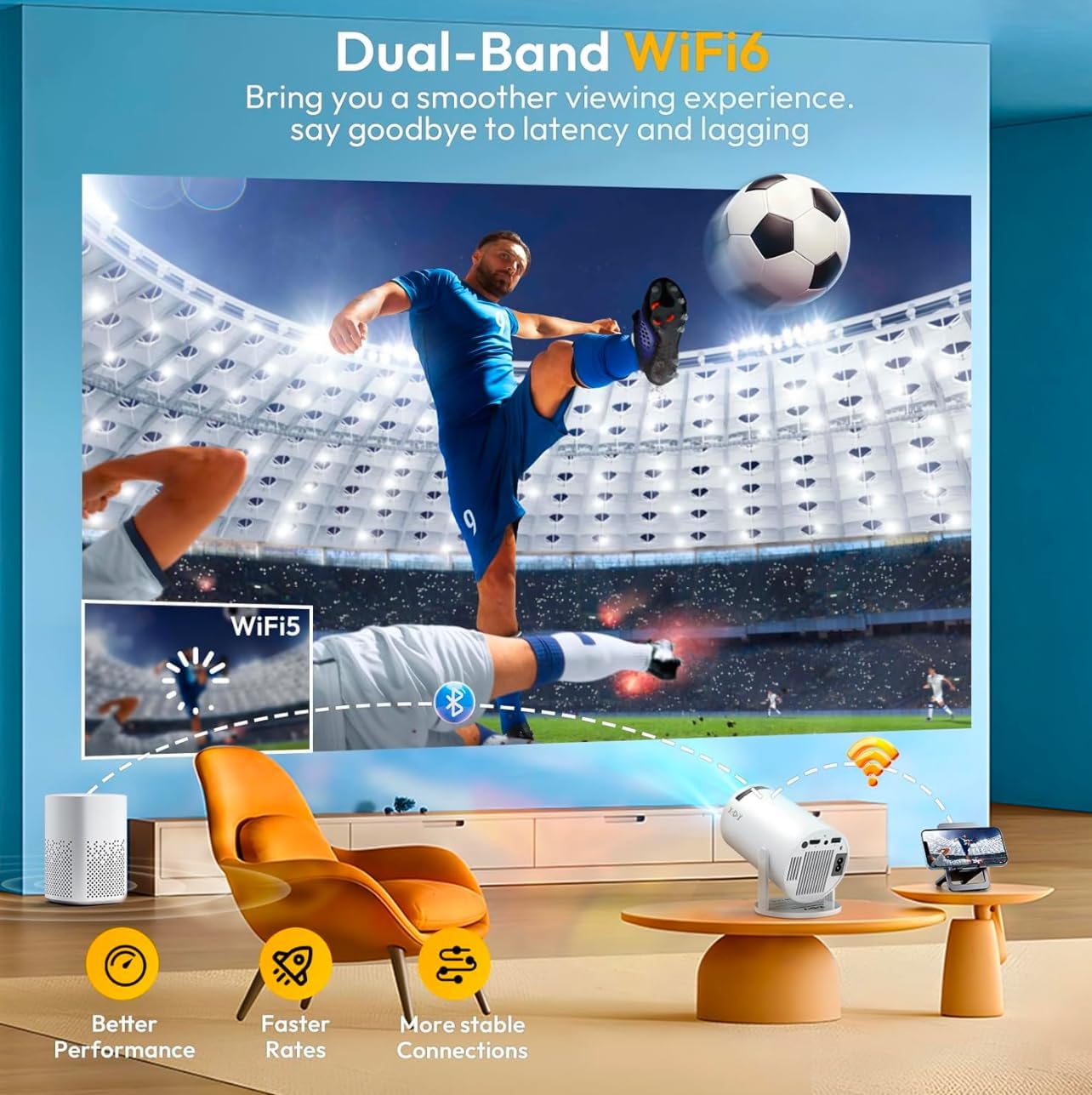 4K 1080P Mini Projector with WiFi & Bluetooth – Portable Android OS Projector, 210° Rotatable Stand, 8000+ Built-in Apps, Dust Removal & Heat Dissipation Design