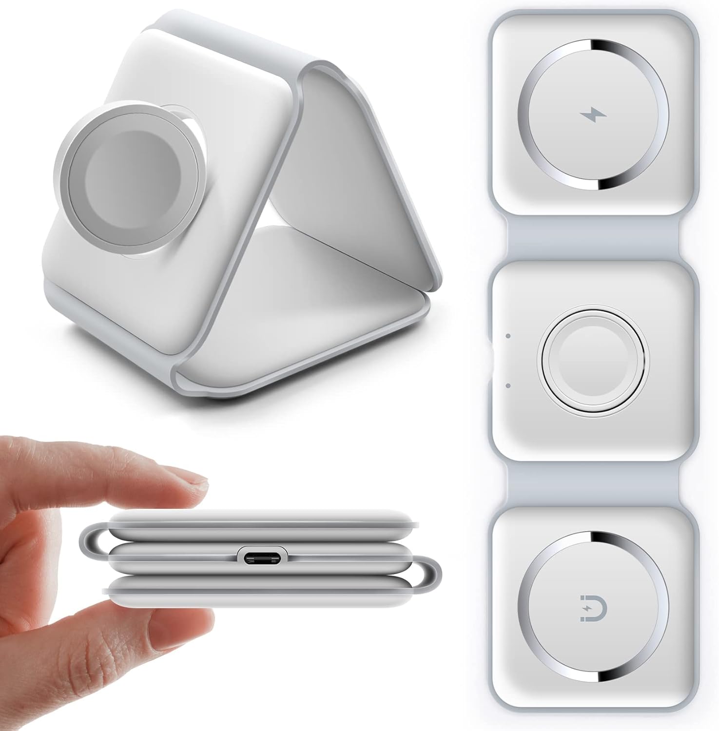Magnetic Wireless Charger,Foldable Travel 3 In 1 Wireless Charging Station 15w Mag-Safe Wireless Charger Stand Compatible with iPhone 15/14/13/12/11/Pro/Max/X/XS/XR, Apple Watch and Airpods (White)