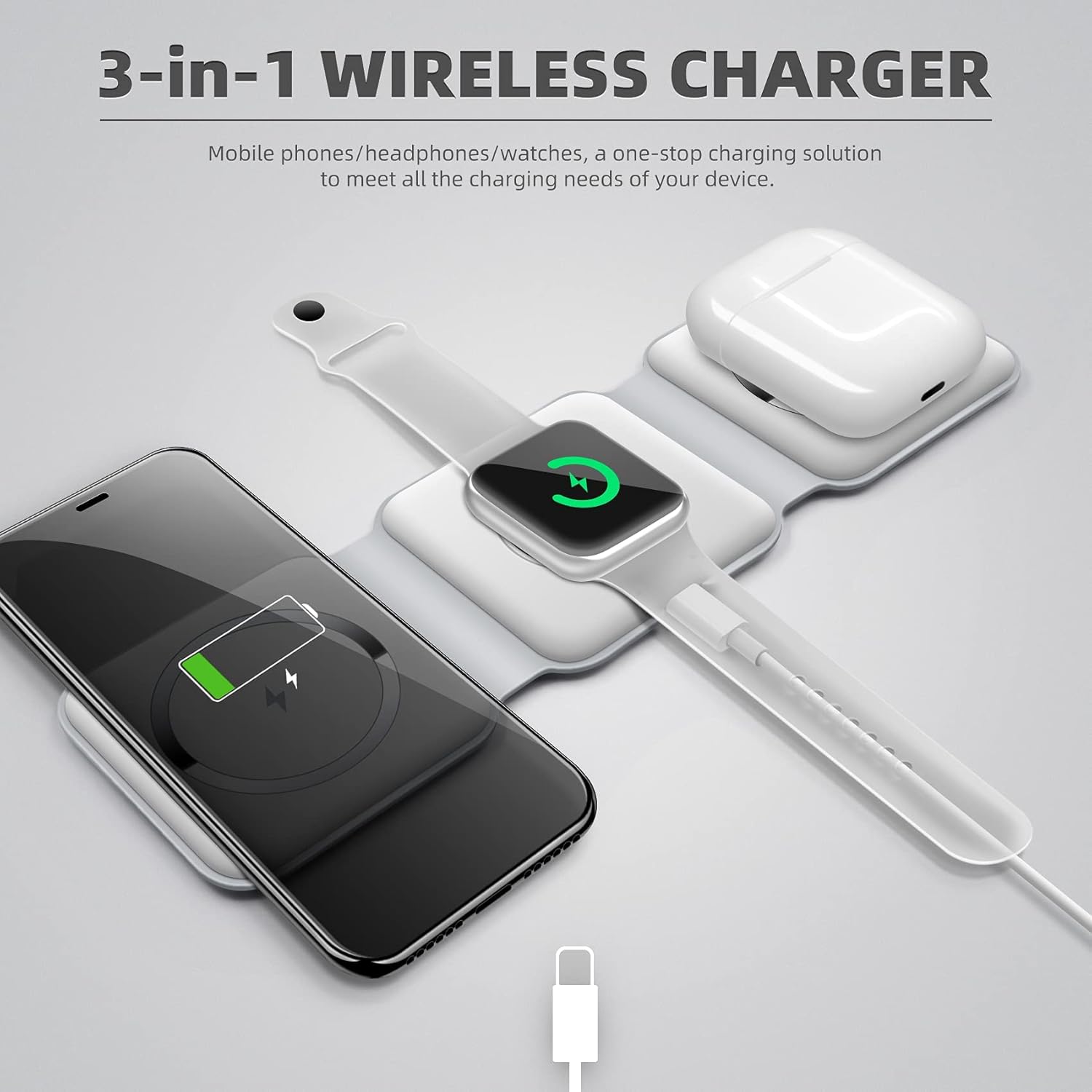 Magnetic Wireless Charger,Foldable Travel 3 In 1 Wireless Charging Station 15w Mag-Safe Wireless Charger Stand Compatible with iPhone 15/14/13/12/11/Pro/Max/X/XS/XR, Apple Watch and Airpods (White)